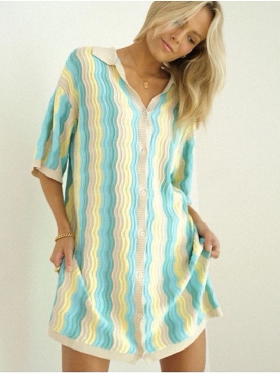 Yllw Dresses & Skirts - yllw Blue Yellow Wavy Pointelle Knit Button Down Polo Mini Dress Cardigan S/M